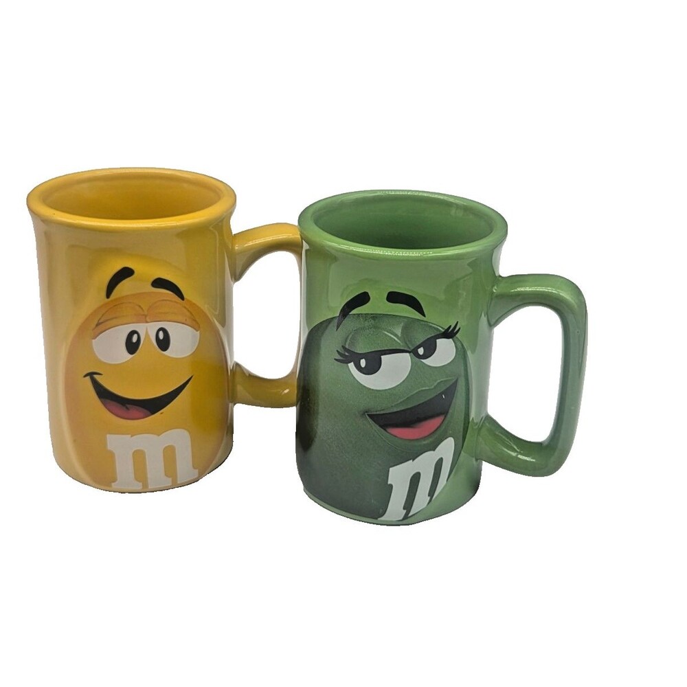 Lot of 2 M and Ms Ceramic Mugs Yellow and Green